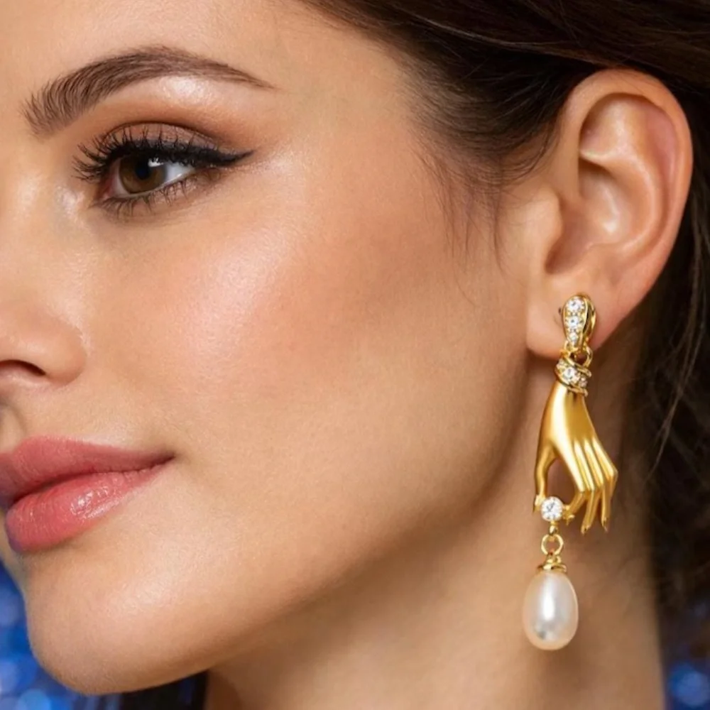 Gold Hand Pearl Drop Earrings - Vintage Style Diamond Dangle Earrings - Picture 7 of 7